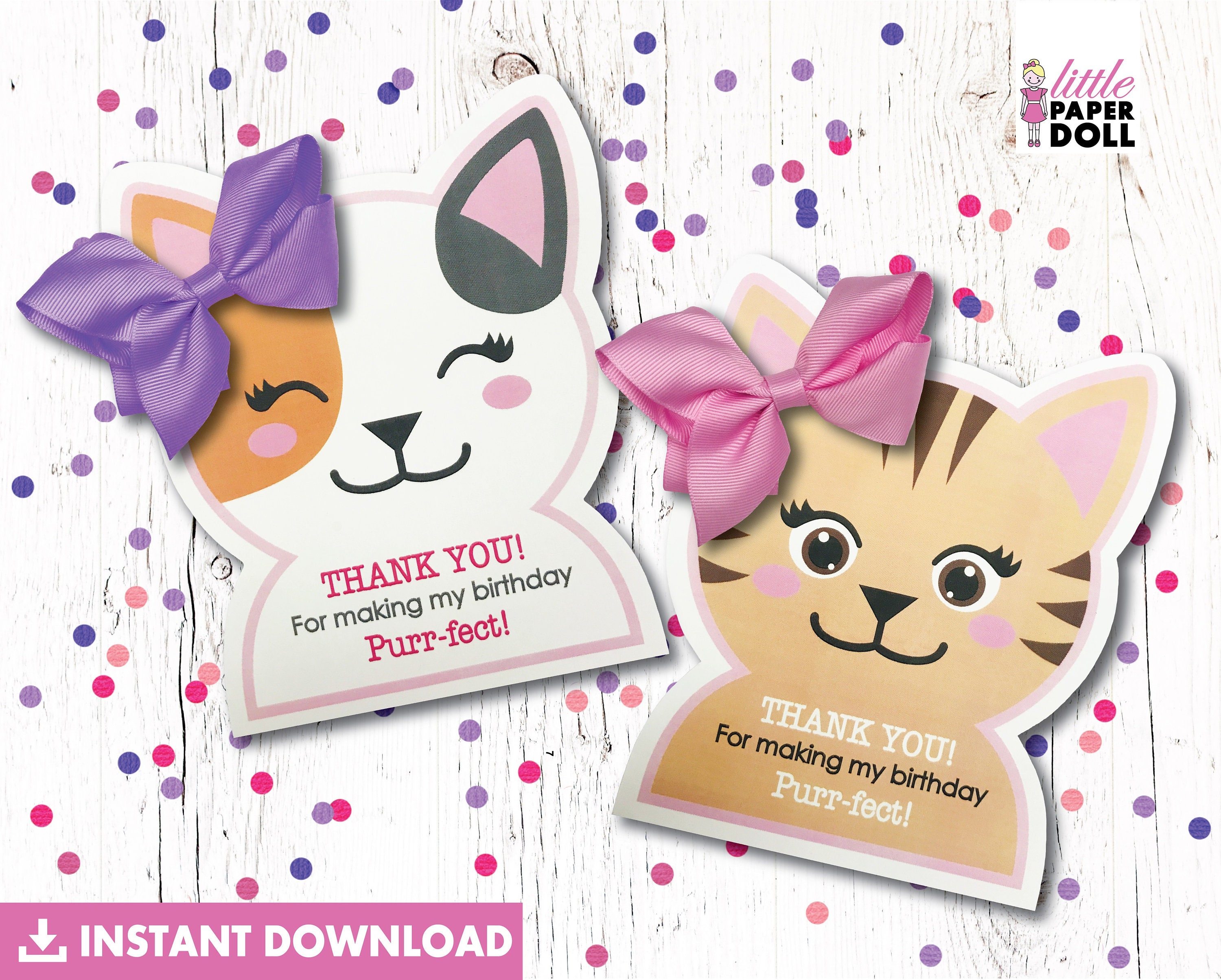 Thank you for making my Birthday purr-fect! Happy Birthday INSTANT DOWNLOAD printable party favor, cat bow favor, kitty cat gift bag tag