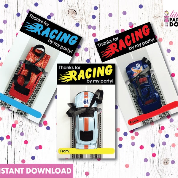 Thanks for racing by my party! Instant download printable Thank You Birthday party card, toy car favor tag, DIY Thank You Birthday favors