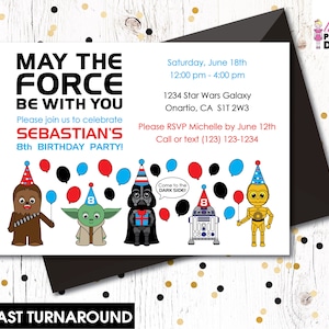 Possa la forza essere con te, invito personalizzato alla festa di compleanno di Star Wars, invito di compleanno di Darth Vader, Yoda, Chewbacca, CP3PO e R2D2