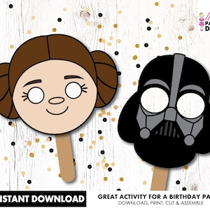 Star Wars INSTANT DOWNLOAD paper Darth Vader and Princess Liea face mask, Star Wars kids craft, colouring sheet, Star Wars Birthday activity