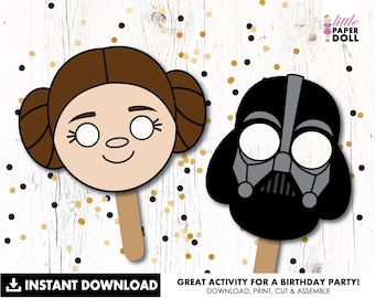Star Wars INSTANT DOWNLOAD paper Darth Vader and Princess Liea face mask, Star Wars kids craft, colouring sheet, Star Wars Birthday activity