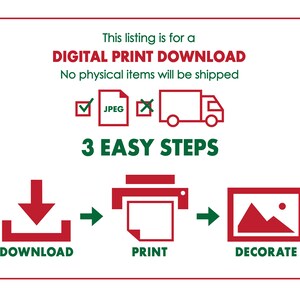 May include: A digital download graphic showing three easy steps to print and decorate a digital image. The steps are download, print, and decorate. The graphic is red and green.