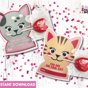 You are a purr-fect friend! You are one cool cat! Valentine's Day INSTANT DOWNLOAD printable classroom favor, cat lollipop sleeve favor