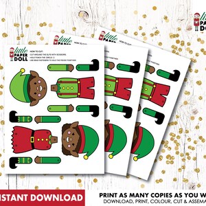 May include: Printable paper doll of a Christmas elf with brown skin, green hat, red pants, and white shirt. The elf is holding a red bag. The paper doll is ready to be cut out, colored, and assembled.