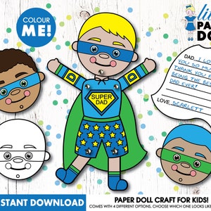 Fantoches de papel Super Dad DOWNLOAD INSTANTÂNEO para impressão, bonecos de papel marionete, boneca de papel para colorir DIY, artesanato infantil para o Dia dos Pais, aniversário do pai