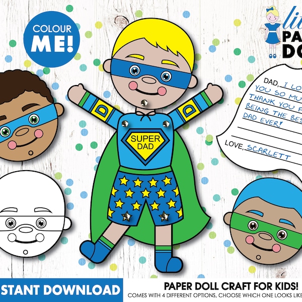 Super Dad paper puppets INSTANT DOWNLOAD printable, marionette paper dolls, DIY colouring paper doll, Father's Day kids craft, dads Birthday