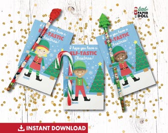 May include: Three printable gift tags featuring an elf character and a Christmas tree. Each tag has the text "I hope you have an Elf-Tastic Christmas!" and "From:" at the bottom. The tags are designed to be paired with a pencil or crayon.