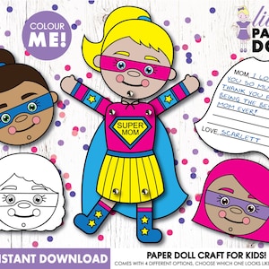 Fantoches de papel Super Mom DOWNLOAD INSTANTÂNEO para impressão, bonecos de papel marionete, boneca de papel para colorir DIY, artesanato infantil para o Dia das Mães, aniversário da mãe