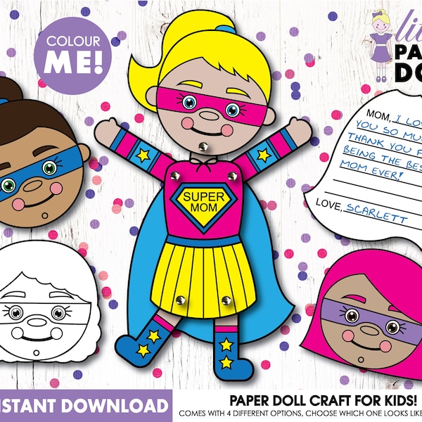 Super Mom paper puppets INSTANT DOWNLOAD printable, marionette paper dolls, DIY colouring paper doll, Mother's Day kids craft, mom Birthday