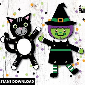 Halloween paper dolls, INSTANT DOWNLOAD, printable DIY Halloween kids craft, witch puppet and cat puppet, classroom Halloween cut out craft