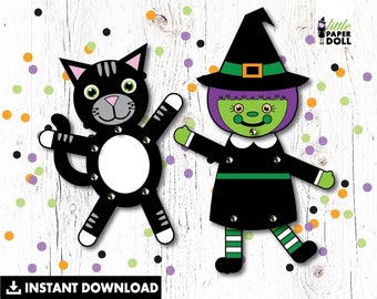 Muñecas de papel de Halloween, DESCARGA INSTANTÁNEA, manualidad de Halloween para niños imprimible, títere de bruja y títere de gato, manualidad recortable de Halloween para el aula