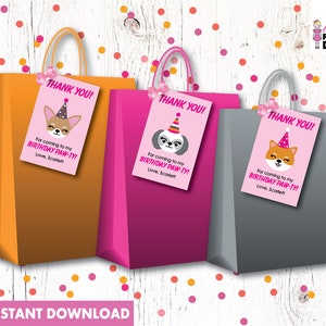 ¡Gracias por venir a mi cumpleaños Paw-ty! Etiqueta de bolsa de regalo de fiesta. DESCARGA INSTANTÁNEA Etiqueta de agradecimiento, placas de identificación imprimibles, agradecimiento personalizadas