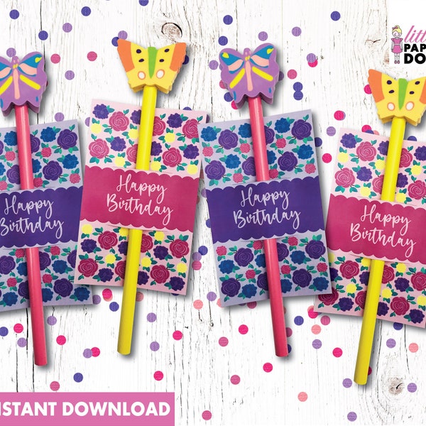 Happy Birthday INSTANT DOWNLOAD pencil sleeve favor, pink floral lollipop sleeve, purple floral pencil sleeve, slap bracelet sleeve