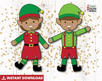 Elf paper dolls INSTANT DOWNLOAD, Elf paper puppets, Elf Christmas cutout activity, DIY elf kids Christmas craft