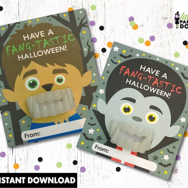 Have a fang-tastic Halloween! Happy Halloween INSTANT DIGITAL DOWNLOAD Halloween favor, classmate favor, werewolf vampire plastic fangs