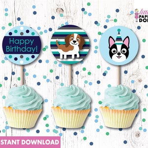 Dog Birthday Party cupcake printable toppers, puppy party instant download cake toppers, Happy Birthday cupcake dog images, Birthday paw-ty