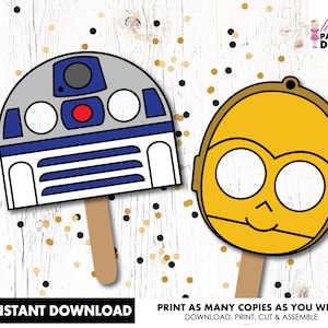 Star Wars DOWNLOAD IMMEDIATO maschere facciali di carta CP3PO e R2D2, fogli artigianali per bambini Star Wars, attività di colorazione e ritaglio del compleanno di Star Wars