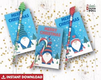 May include: Three printable Christmas gift tags featuring a gnome with a red and white hat, a candy cane, and the text "Merry Christmas".