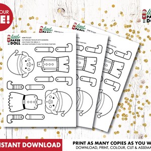 May include: Printable paper doll of an elf with instructions to cut, color, and assemble. The elf is wearing a hat, a shirt, pants, and shoes. The paper doll is designed for children to color and play with.