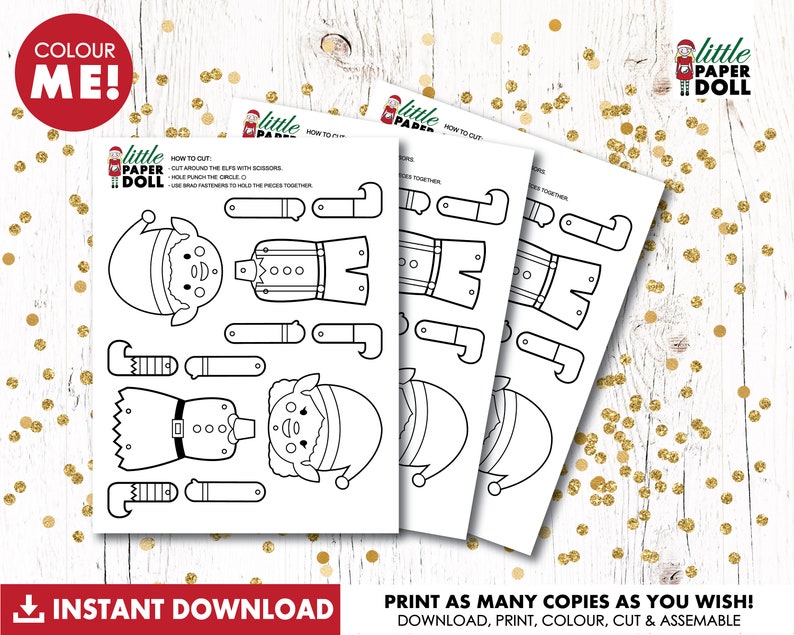May include: Printable paper doll of an elf with instructions to cut, color, and assemble. The elf is wearing a hat, a shirt, pants, and shoes. The paper doll is designed for children to color and play with.
