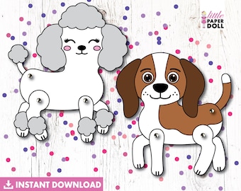 Bambola di carta per cani DOWNLOAD immediato, pagina da colorare stampabile di un cucciolo di cane, attività di festa di compleanno del cane, artigianato per cani per bambini, cane poddle, cane beagle