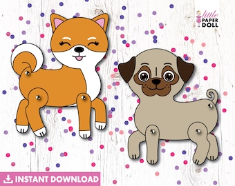 Bambola di carta per cani DOWNLOAD ISTANTANEO, disegno di cucciolo stampabile da colorare, attività di festa di compleanno del cane, mestiere del cane del cucciolo dei bambini, cane shiba, cane del carlino
