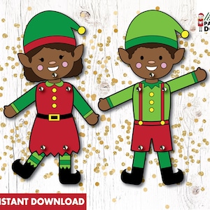 Puede incluir: Conjunto de muñecas de papel imprimibles con dos elfos con sombreros verdes, atuendos rojos y verdes y piel marrón. Los elfos están de pie sobre un fondo blanco con purpurina dorada.