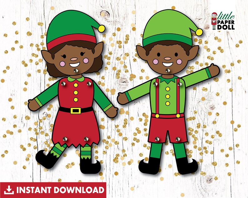 May include: Printable paper doll set featuring two elves with green hats, red and green outfits, and brown skin. The elves are standing on a white background with gold glitter.