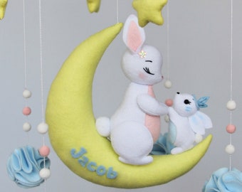 Baby mobile personalized with white bunnies for boy - Mobile nursery - Nursery mobile