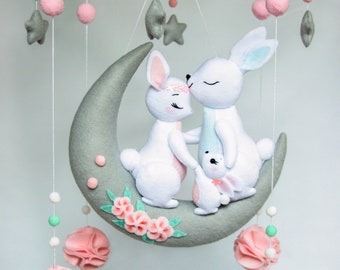 Baby mobile with bunnies - Mobile baby for girl - Nursery mobile with rabbits - Crib mobile - Hanging mobile - Mobile nursery