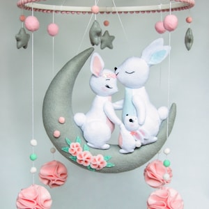 Baby mobile with bunnies - Mobile baby for girl - Nursery mobile with rabbits - Crib mobile - Hanging mobile - Mobile nursery