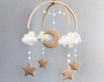 Boucle baby mobile - Mobile baby with moon, clouds and stars - Unisex nursery mobile - Neutral crib mobile - Cloud hanging mobile