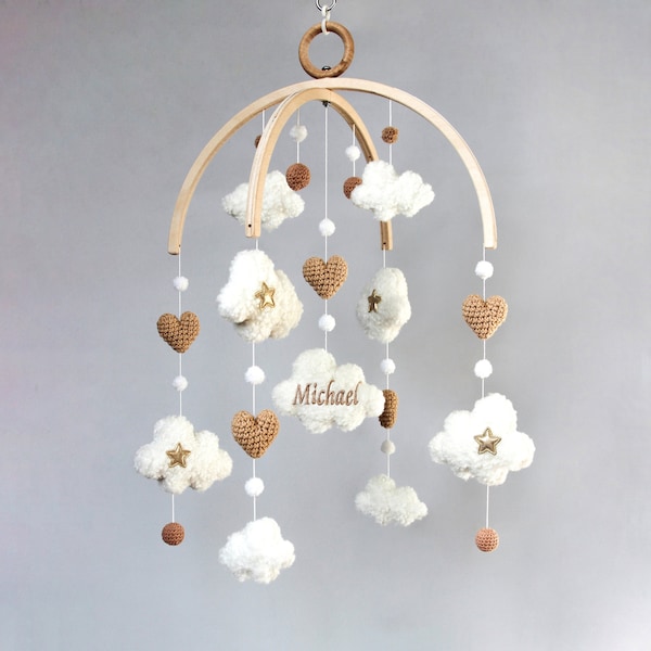Boucle baby mobile - Personalized mobile baby with clouds and hearts - Unisex nursery mobile - Neutral crib mobile - Cloud hanging mobile