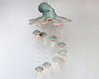 Baby mobile with octopus and jellyfish - Ocean mobile baby - Nursery mobile neutral - Crib mobile sea - Hanging mobile nautical - Cot mobile