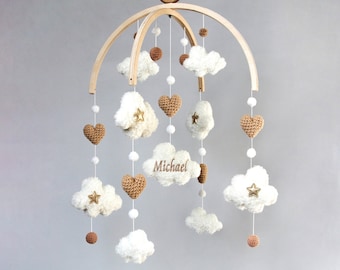 Boucle baby mobile - Personalized mobile baby with clouds and hearts - Unisex nursery mobile - Neutral crib mobile - Cloud hanging mobile