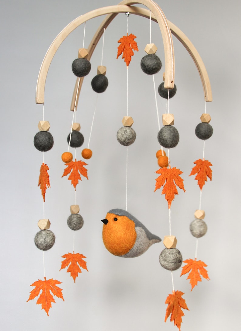 Baby Mobile With Robin Bird , Maple Leaves and Felt Balls - Pom Pom ...
