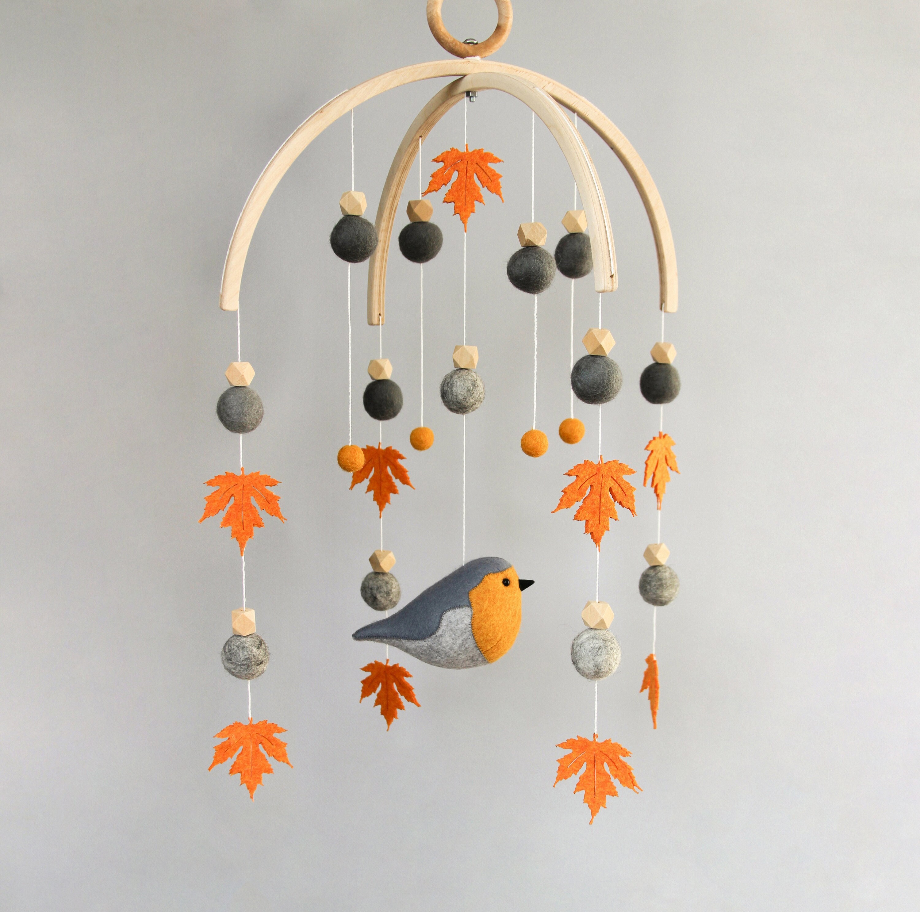 Baby Mobile With Robin Bird , Maple Leaves and Felt Balls - Pom Pom ...