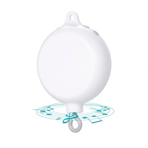 May include: White musical mobile with a round, white base and a silver hook. The mobile is designed to hang from a crib or playpen and features a variety of musical notes and symbols.