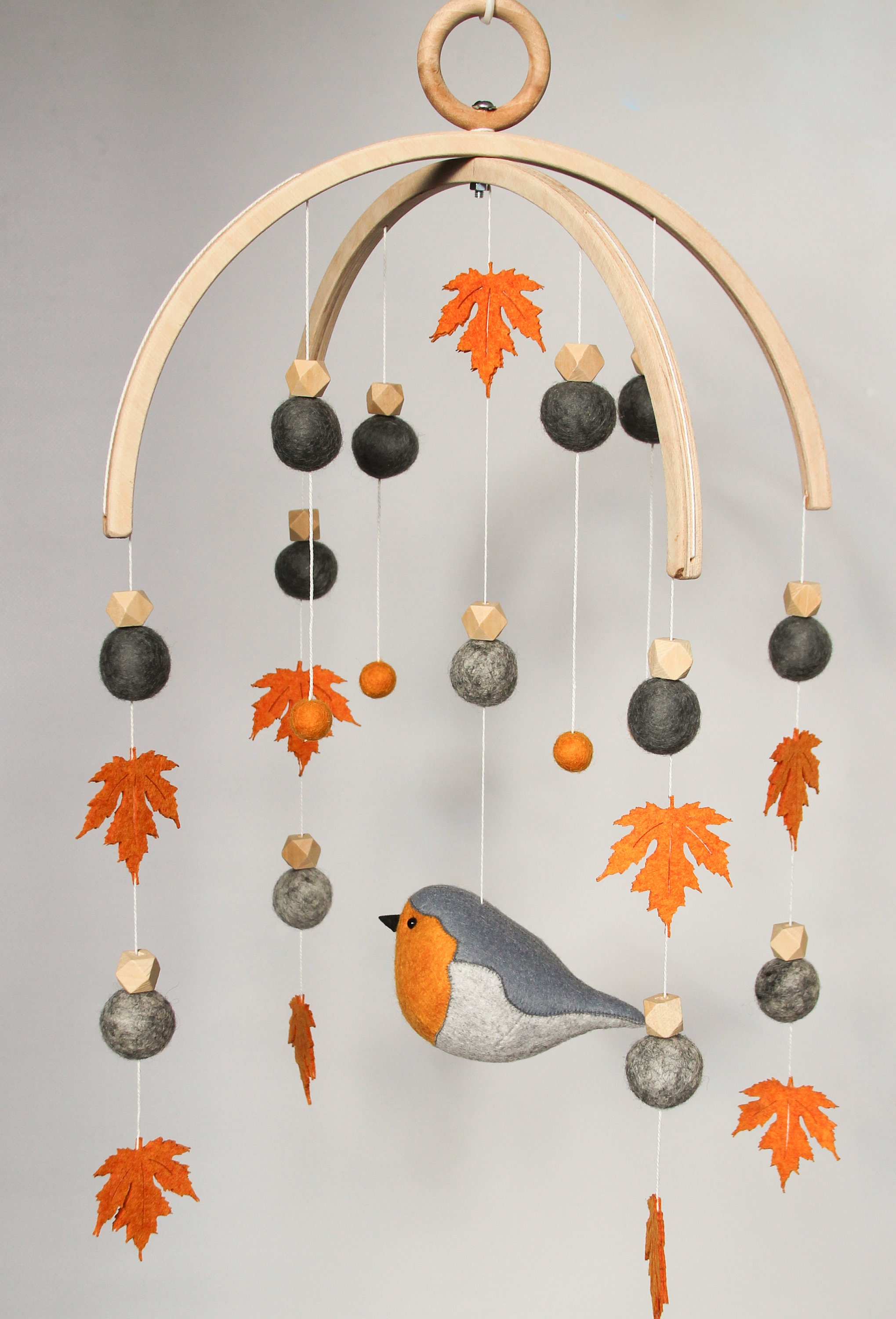 Baby Mobile With Robin Bird , Maple Leaves and Felt Balls - Pom Pom ...