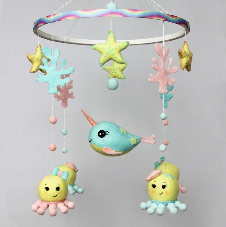 Baby mobile ocean with narwhal and octopuses for boy or girl Mobile nursery Nursery mobile image 1