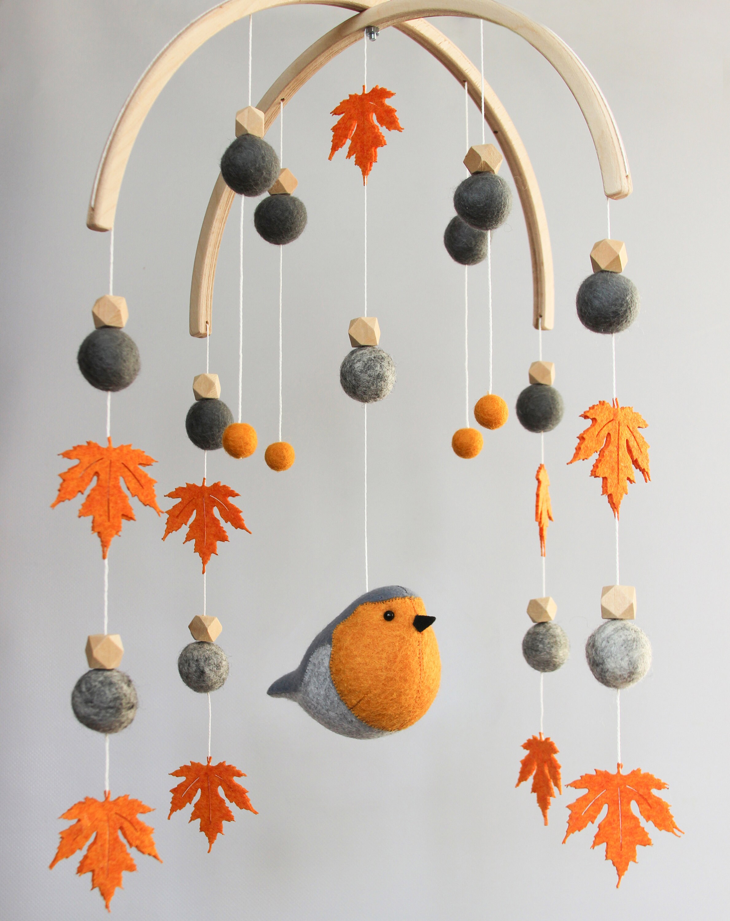Baby Mobile With Robin Bird , Maple Leaves and Felt Balls - Pom Pom ...