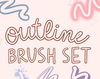 Könnte beinhalten: Ein Set an Outline-Pinseln für digitale Kunst. Das Bild zeigt den Text "outline brush set" in brauner Farbe auf einem rosa Hintergrund. Das Bild enthält auch mehrere Beispiele für die Pinsel in verschiedenen Farben.