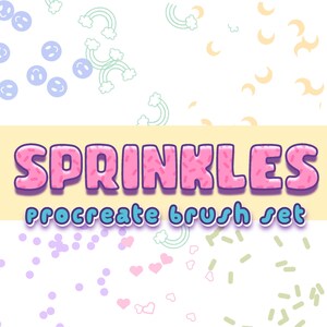 May include: A digital illustration of a Procreate brush set called "SPRINKLES". The image shows a variety of colourful sprinkles, hearts, and other shapes.