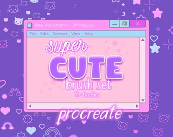 May include: A pink and blue digital window with the text "Super CUTE brush set 40+ brushes procreate" on a purple background with cute cartoon graphics.