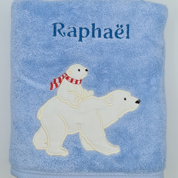 ours blanc, ours polaire cadeau personnalisé brodé sur serviette de toilette, drap de bain ou pack cadeau complet.