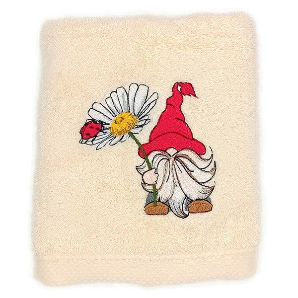 Gnome coccinelle cadeau personnalisé brodé sur serviette de toilette, drap de bain ou pack complet