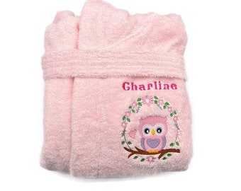 Chouette, hibou sur peignoir enfant personnalisable hibou plusieurs tailles aux choix  de 12 mois à 12 ans