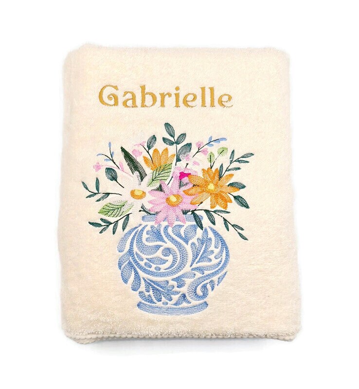 Linge de Bain Brodé sur Commande Vase et Bouquet Fleurs Sauvages, Serviette Toilette, Drap ou Pack C