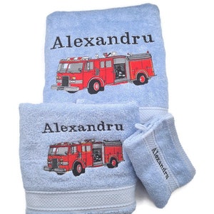 Fire truck customizable gift embroidered on towel, bath sheet or complete pack