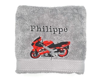 Red motorcycle customizable gift embroidered on towel, bath sheet or complete pack
